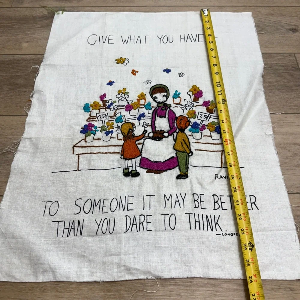 Vintage Flavia Weedn Hand Embroidered Linen Longfellow Quote Flower Market Art
